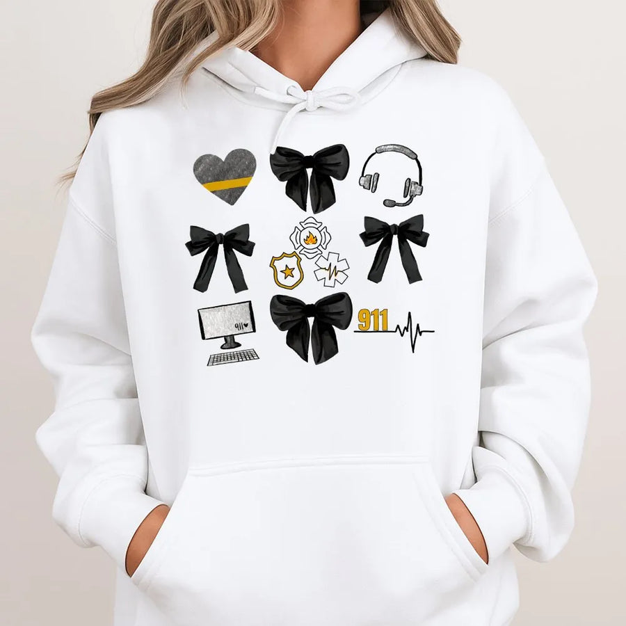 911 Dispatcher Hoodie | Thin Gold Line Icon Graphic | Premium Cotton Blend Pullover | Gift for Emergency Dispatcher