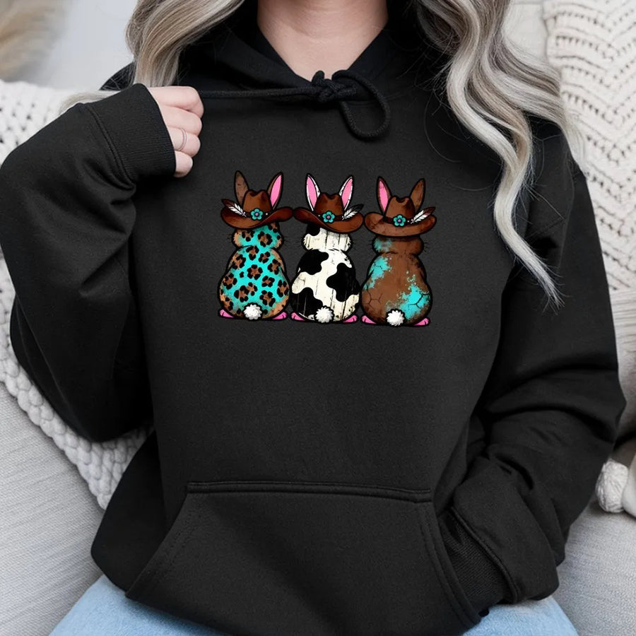 Western Easter Bunny Hoodie | Cowboy Hat Boho Rabbit Graphic | Soft Cotton-Blend Premium Pullover | Fun Spring Holiday Gift For Her