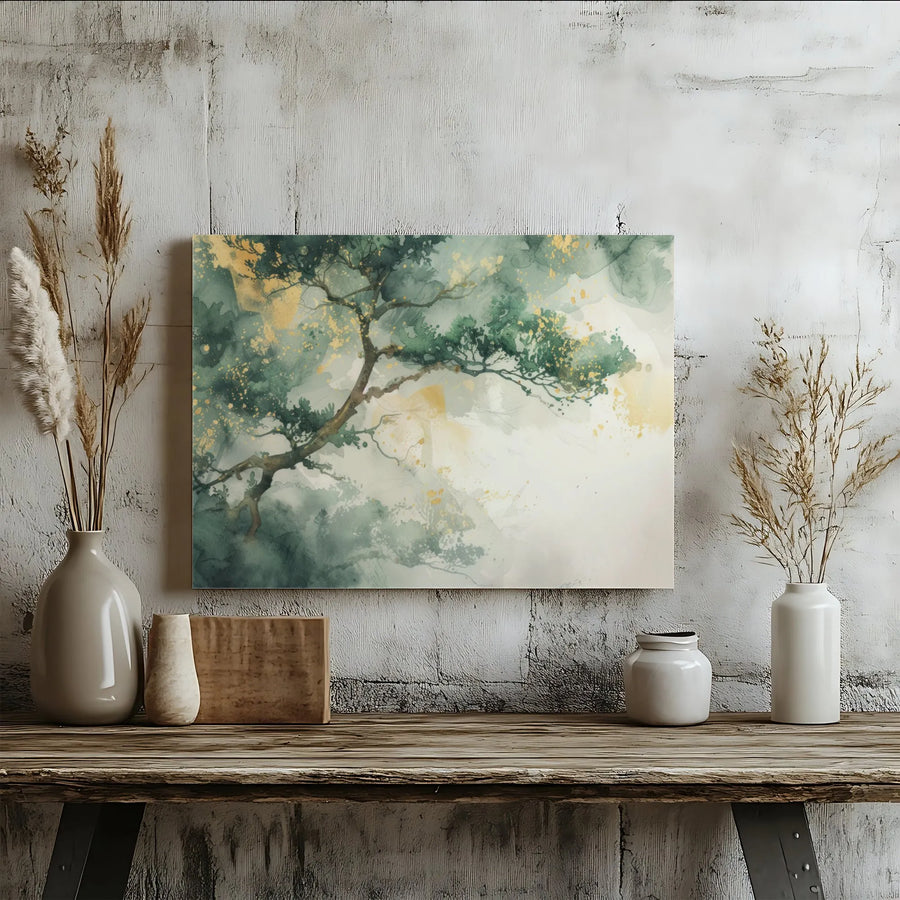 Japanese Tree Canvas Print | Abstract Green and Gold Watercolor Wall Art | 1.25-Inch Premium Gallery Wrap | Modern Nature Decor for Home Office