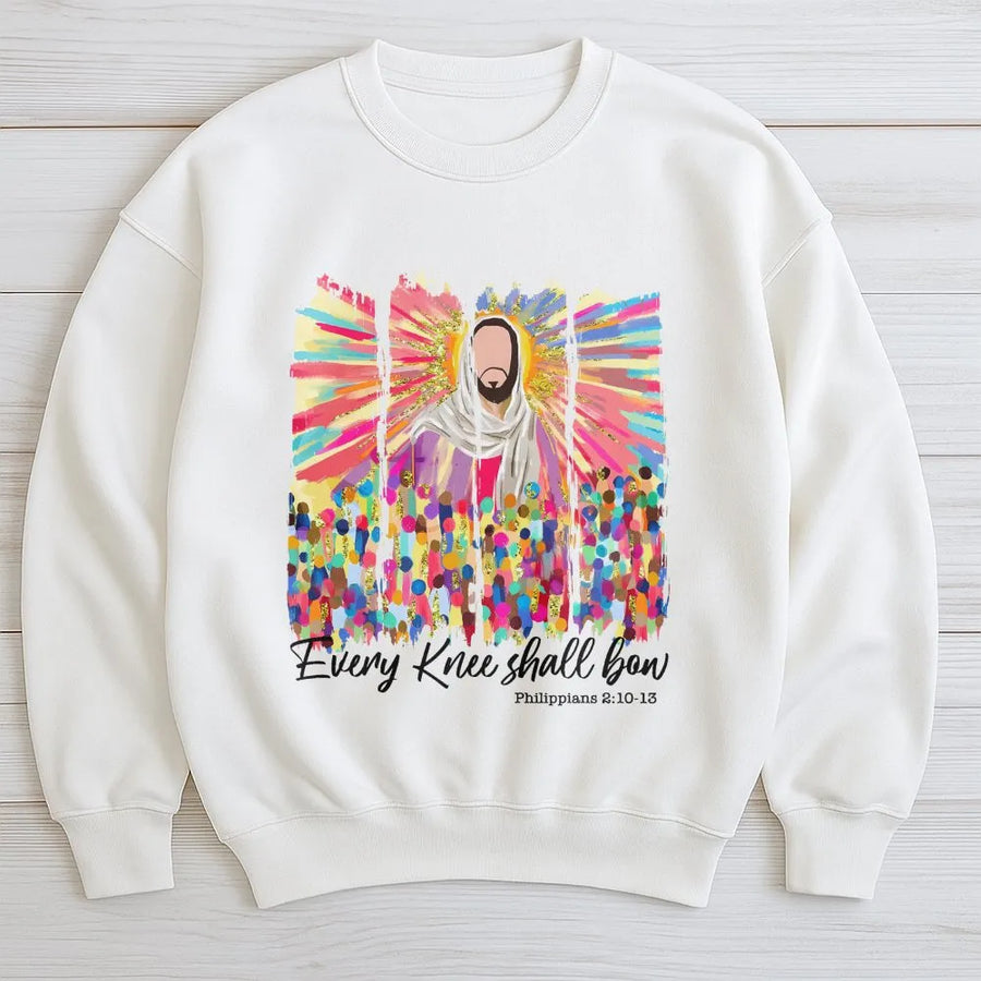 Every Knee Shall Bow Sweatshirt | Colorful Jesus Christian Art | Premium Cotton Blend | Faith-Based Apparel Gift for Men and Women