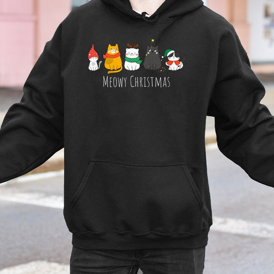 Meowy Christmas Cat Hoodie | Cute Holiday Kitty Graphic Design | Soft Cotton-Poly Blend | Funny Animal Lover Xmas Gift For Men And Women