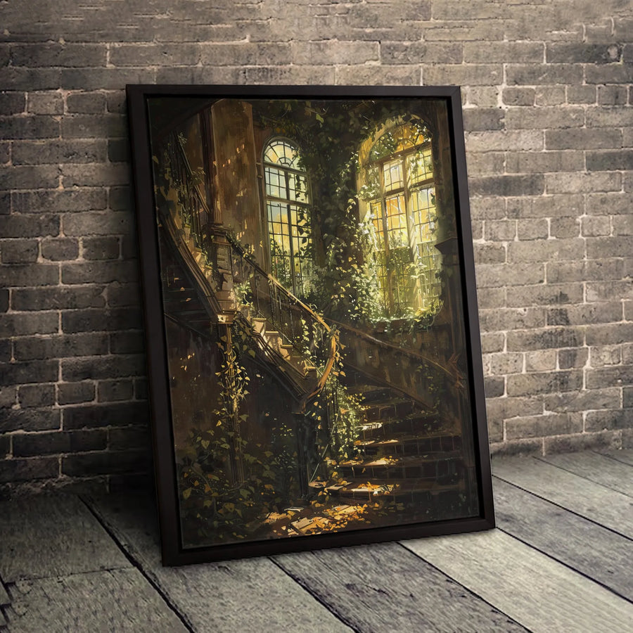 Abandoned Mansion Staircase Canvas Art | Overgrown Ivy Architecture Print | Premium Gallery-Wrapped Wall Decor | Gothic Home Aesthetic Gift