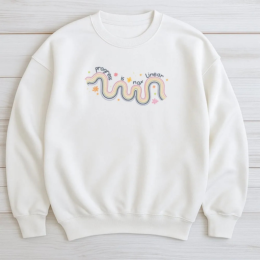 Progress Is Not Linear Sweatshirt | Retro Rainbow Aesthetic Graphic | Premium Cotton Blend | Inspirational Gift for Teachers, Students, and Counselors