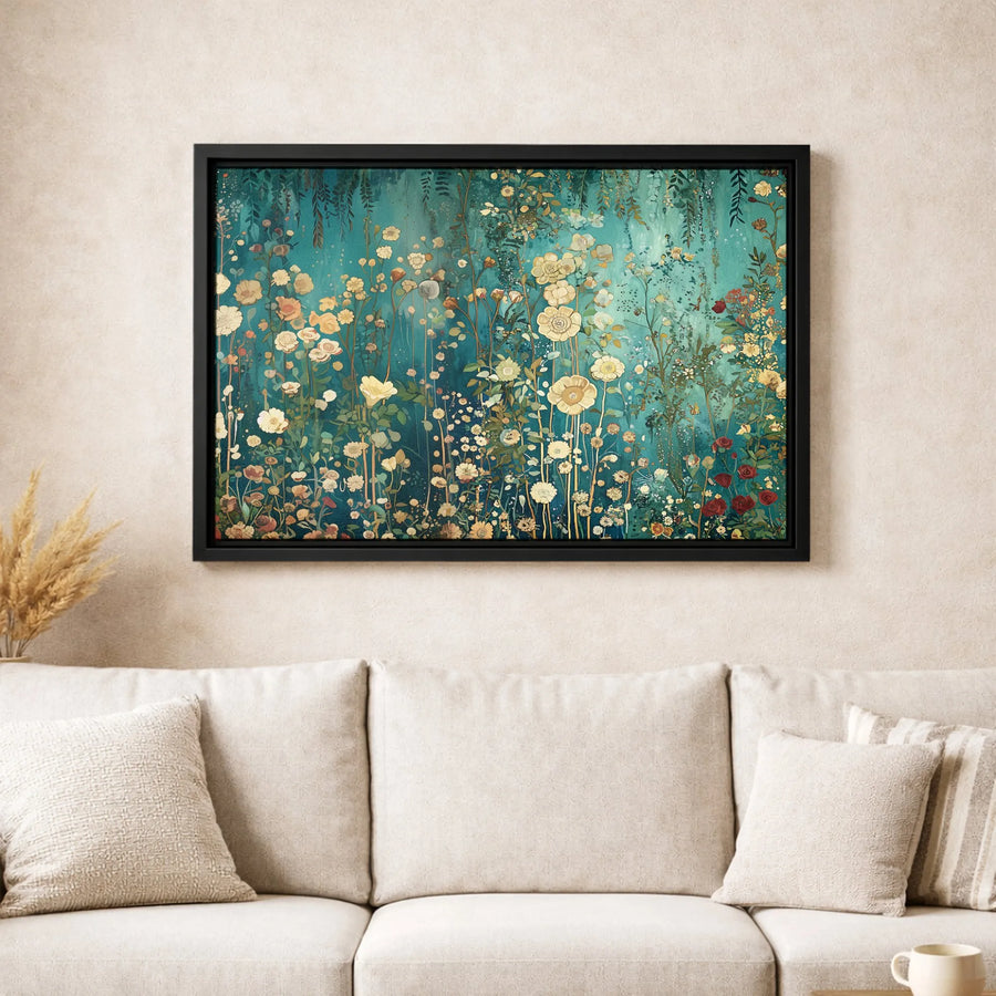 Teal Wildflower Meadow Canvas Wall Art | Botanical Floral Illustration | Gallery Quality Fade-Resistant Print | Elegant Home Office Decor Gift