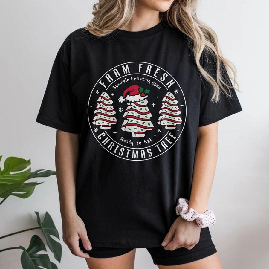 Farm Fresh Christmas Tree Cake T-Shirt | Retro Snack Treat Graphic Tee | 100% Premium Cotton Shirt | Funny Holiday Gift for Foodies and Bakers