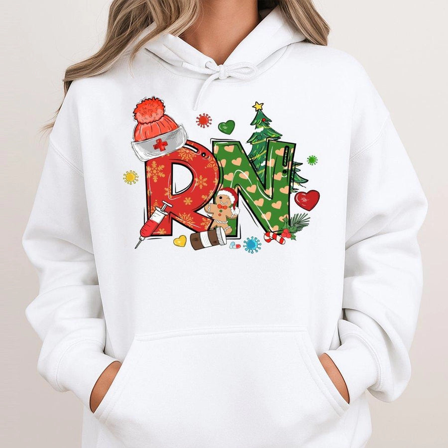 Christmas RN Nurse Hoodie | Holiday Registered Nurse Graphic Sweatshirt | Premium Cotton-Poly Blend | Gift for Nursing Students & Medical Professionals