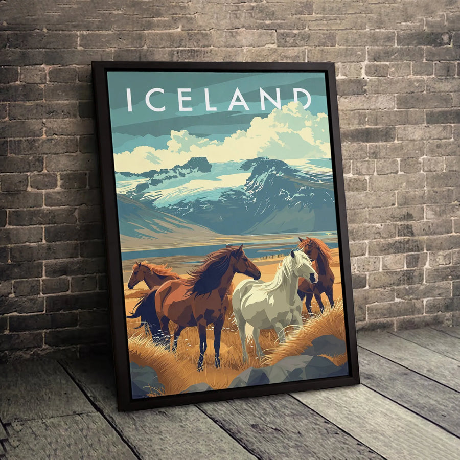 Iceland Travel Poster Canvas | Vintage Icelandic Horses Landscape Art | Premium Gallery Wrapped Print | Nature Lover Home Decor Gift