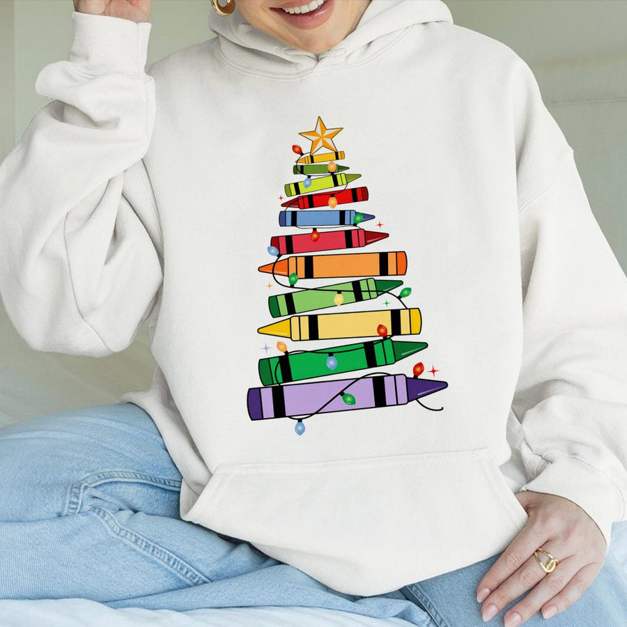 Christmas Crayon Tree Hoodie | Teacher Holiday Graphic Sweatshirt | Cotton-Polyester Blend | Festive School Staff Gift for Teachers