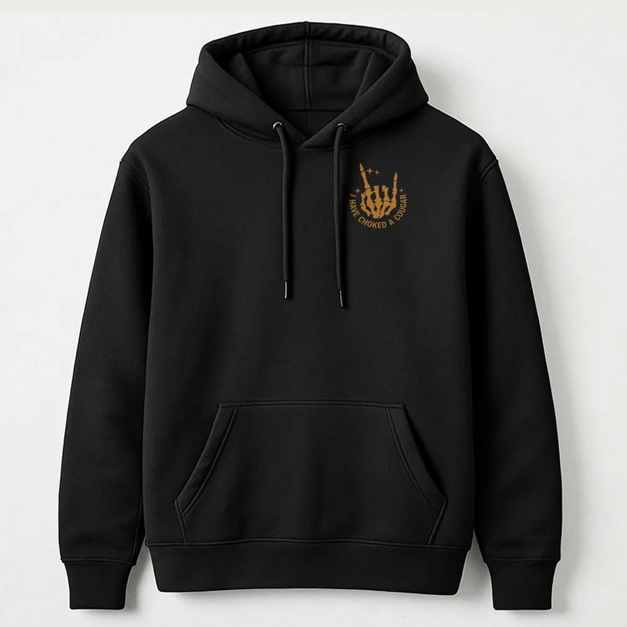 I Have Choked A Cougar Hoodie | Funny Skeleton Hand Graphic | Premium Cotton Blend | Sarcastic Humor Gift for Men and Women