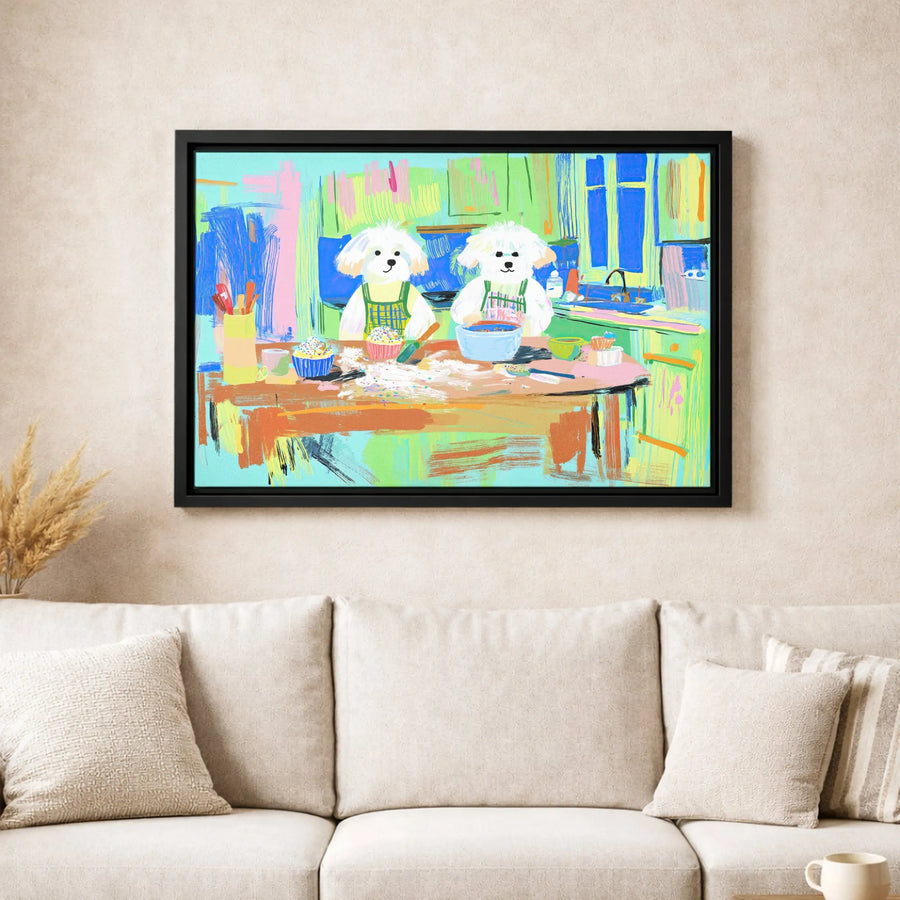 Dog Baking Canvas Wall Art | Colorful Bichon Frise Kitchen Print | Premium Gallery Wrapped Decor | Cute Whimsical Pet Lover Gift