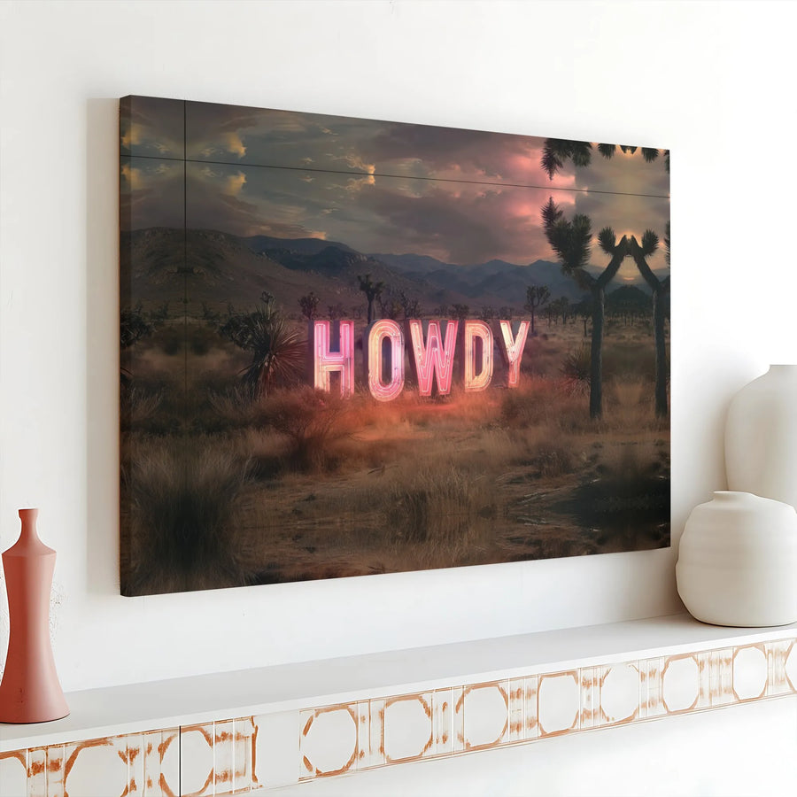 Howdy Neon Sign Canvas Wall Art | Joshua Tree Desert Landscape Print | Premium Matte Canvas with 1.25" Thick Profile | Unique Southwestern Home Decor Gift