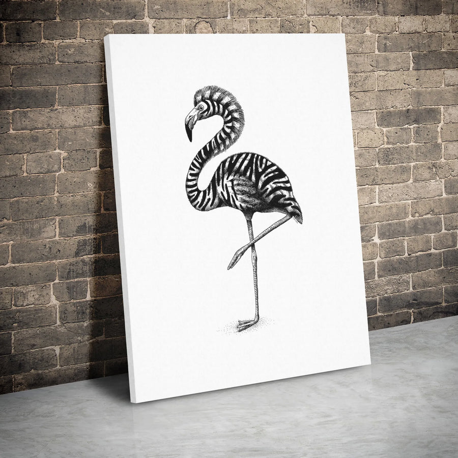 Zebra Print Flamingo Wall Art | Modern Black and White Animal Sketch | 1.25 Inch Gallery Wrap Canvas | Unique Home Office Decor Gift