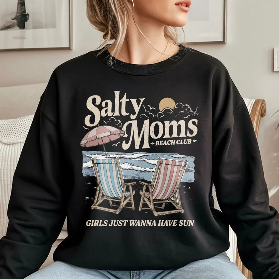 Salty Moms Beach Club Sweatshirt | Vintage Aesthetic Summer Graphic | Premium Cotton-Poly Blend | Cute Mama Gift For Beach Lover