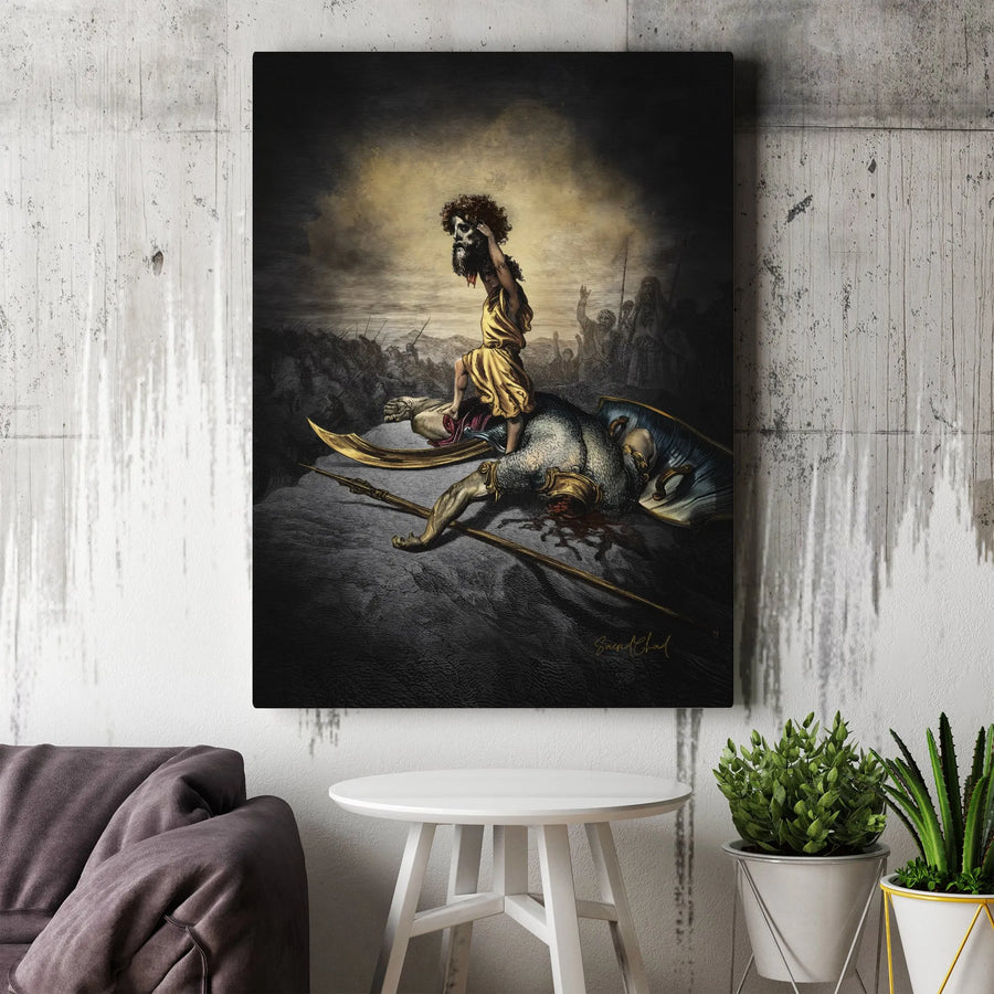 David and Goliath Canvas Print | Biblical Hero Victory Illustration | Premium Gallery Wrapped Wall Art | Inspirational Home Decor Gift
