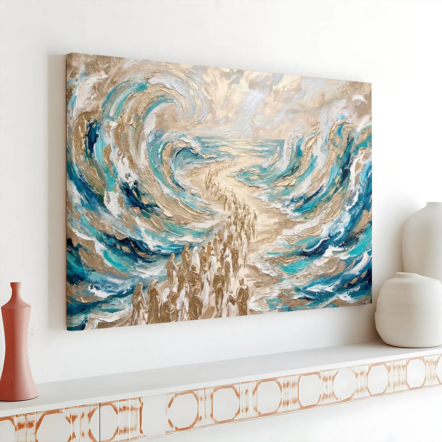 Parting of the Red Sea Horizontal Canvas | Abstract Textured Gold & Teal Waves Art | Premium 1.25 Inch Gallery Wrap | Inspirational Christian Home Decor Gift