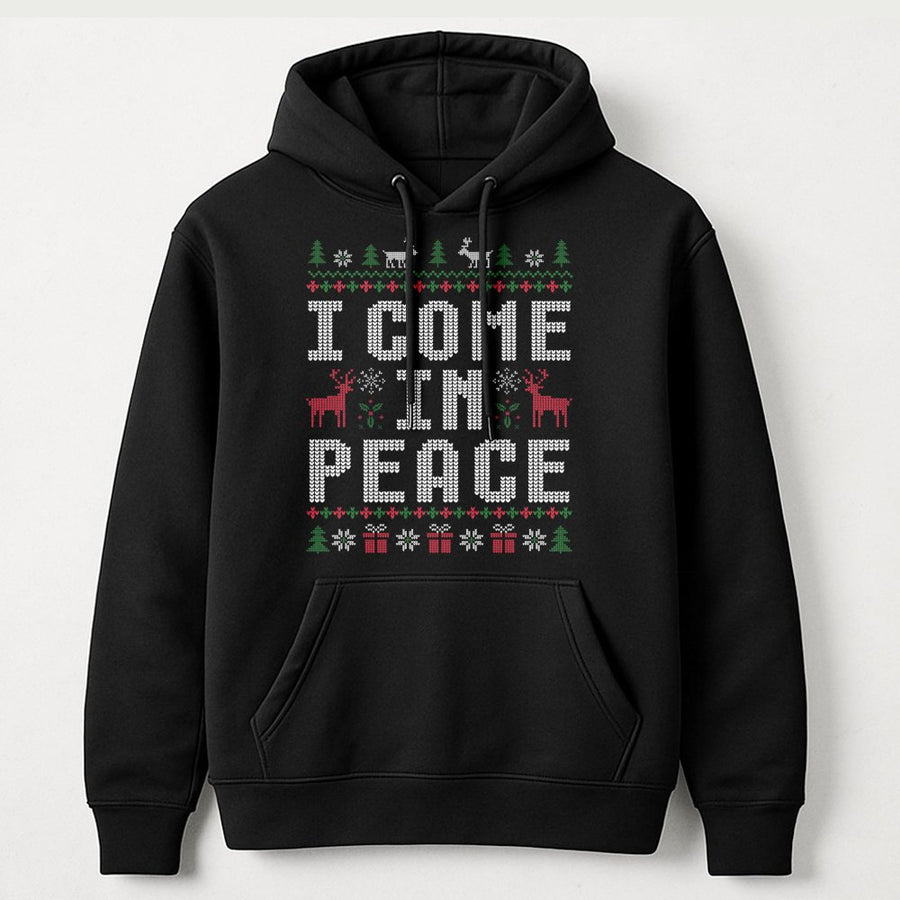 I Come In Peace Hoodie | Funny Christmas Ugly Sweater Style Graphic | Premium Cotton Blend | Holiday Humor Gift for Men Women