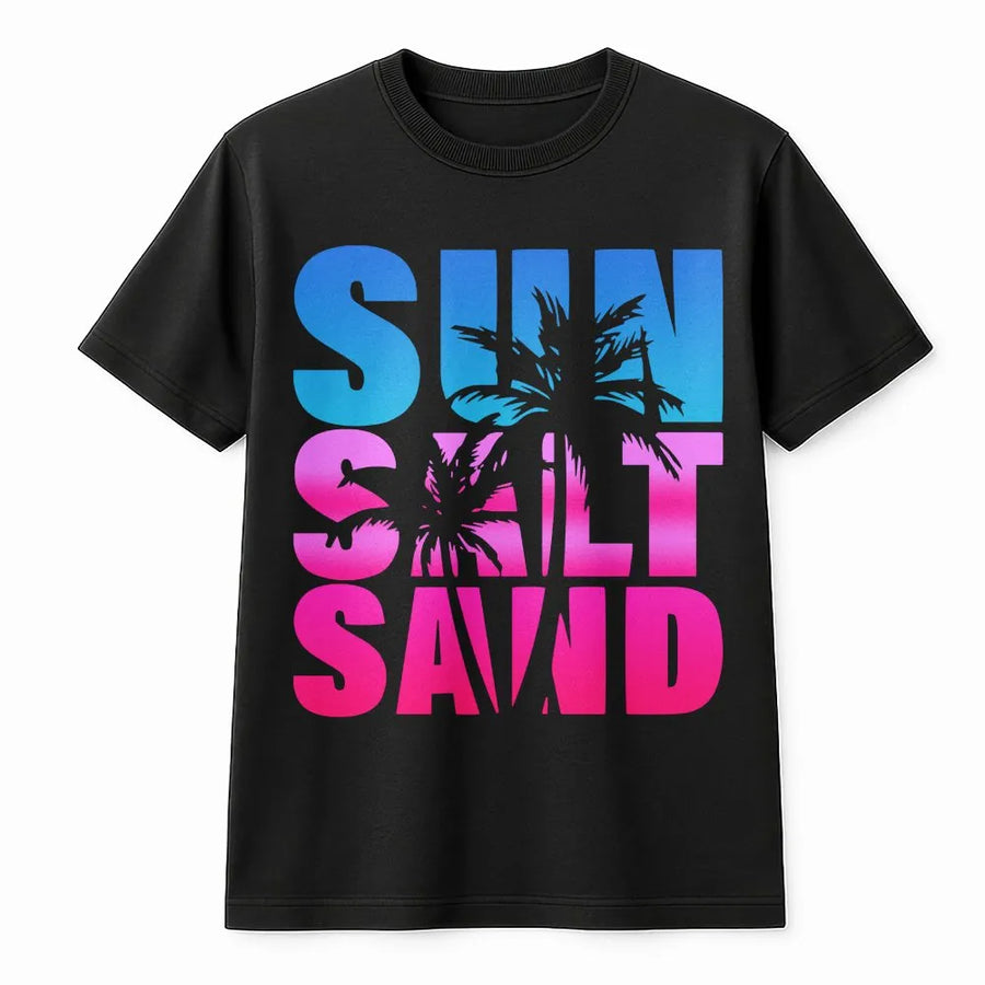 Sun Salt Sand T-Shirt | Pink & Blue Ombre Palm Tree Graphic | Cozy Cotton Blend Pullover | Trendy Beach Lover Gift for Summer Vacation
