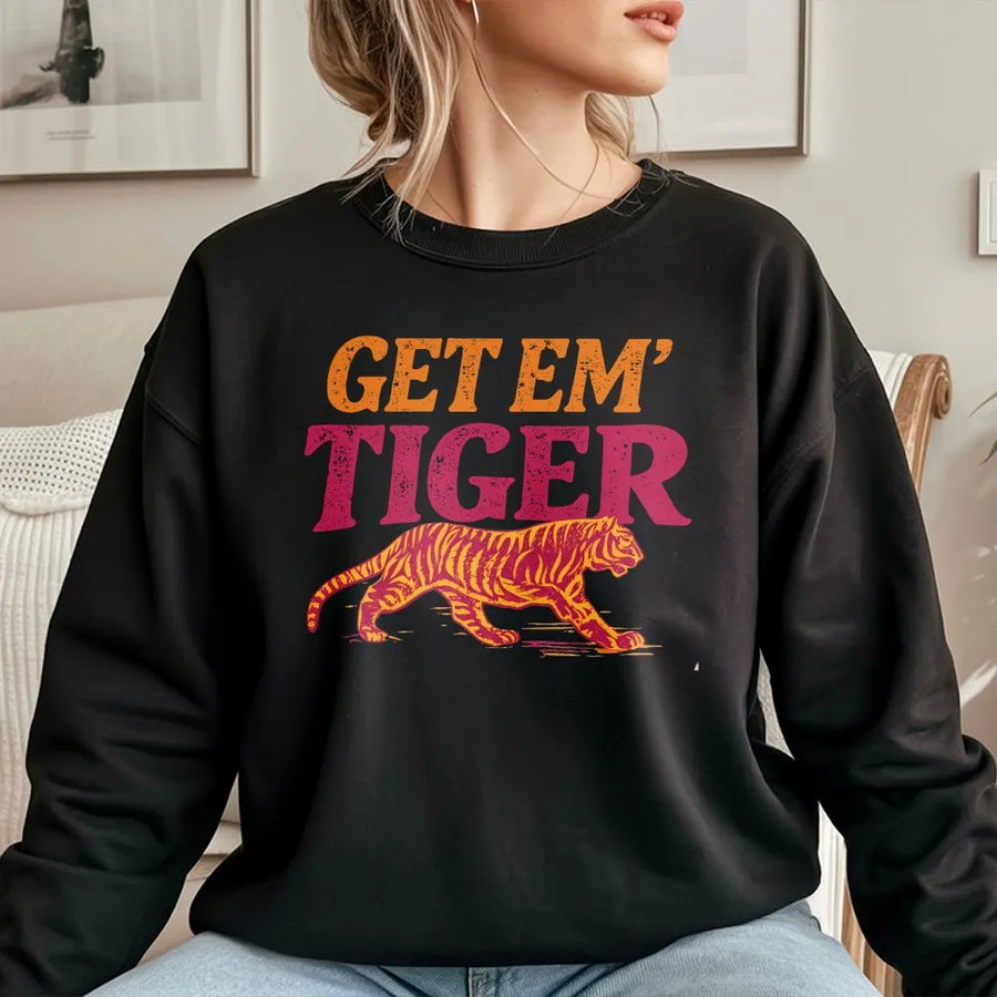 Get Em Tiger Shirt | Retro Mascot Graphic Tee for Game Day | Soft Cotton School Spirit Wear | Gift for Sports Fan, Student, or Alumni
