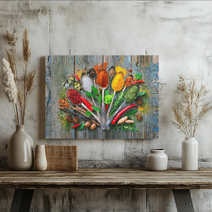 Kitchen Spices Canvas Wall Art | Colorful Herbs & Spoons on Rustic Wood | Thick Gallery Wrapped Print | Modern Farmhouse Dining Room Decor Gift