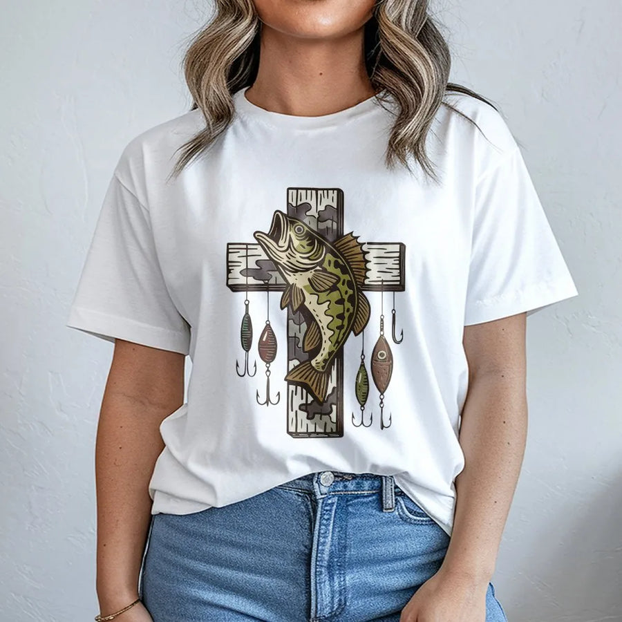 Fishing Cross T-Shirt | Bass Fish Graphic with Fishing Lures | Premium Cotton Apparel | Christian Fisherman Gift for Men and Outdoorsmen