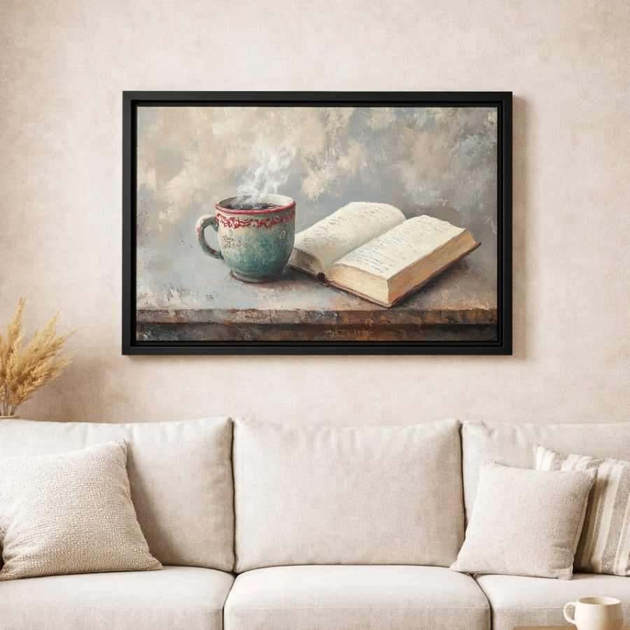 Coffee and Book Still Life Canvas Print | Cozy Cafe Oil Painting Style Wall Art | 1.25" Thick Premium Gallery Wrap | Home Office Decor Gift