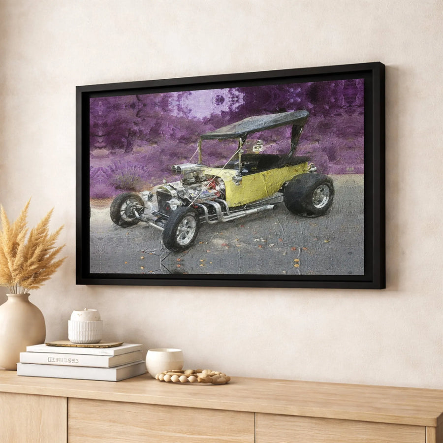 Yellow T-Bucket Hot Rod Canvas Art | Painterly Classic Car Wall Decor | Premium Fade-Resistant Gallery Print | Gift for Car Enthusiasts