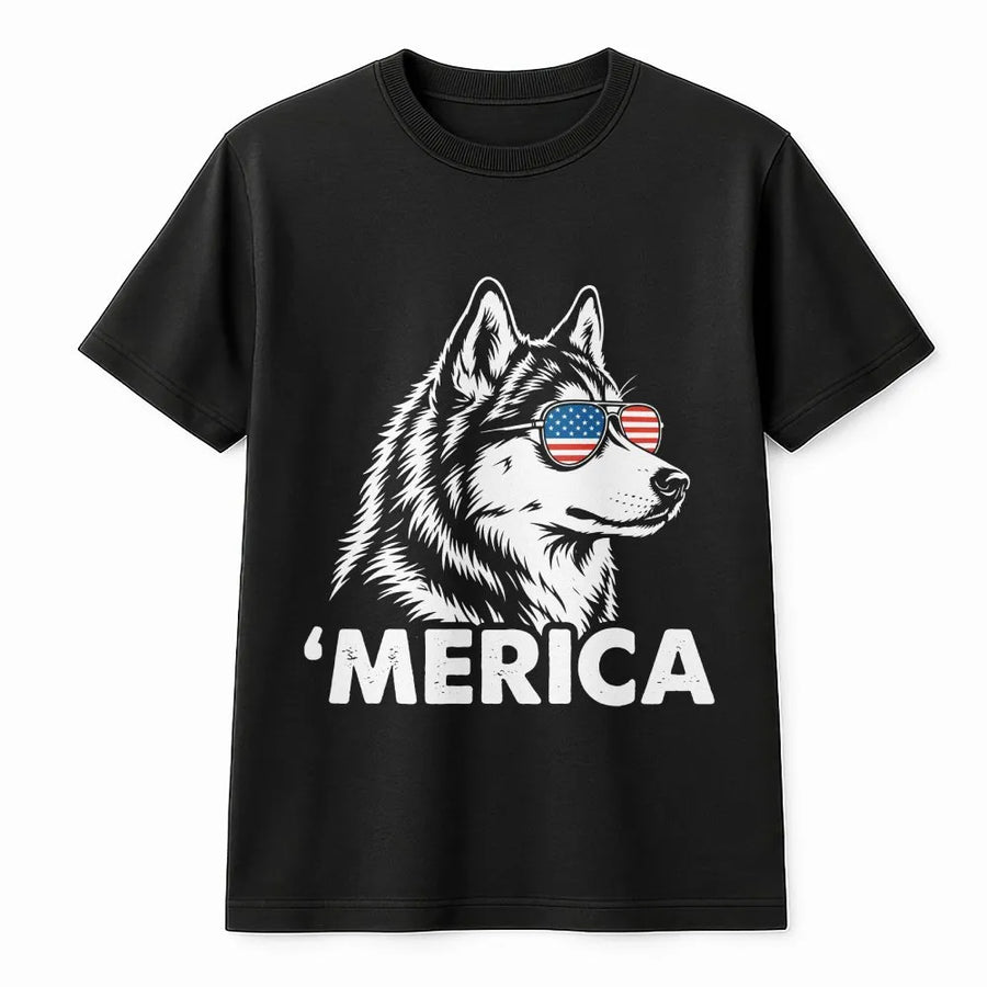 Patriotic Husky T-Shirt | 'Merica Dog with American Flag Sunglasses | Soft 100% Cotton Tee | Funny Fourth of July Gift for Men