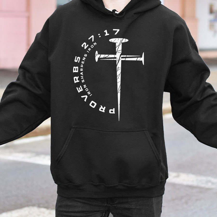 Proverbs 27:17 Hoodie | Iron Sharpens Iron Cross Nail Design | Premium Cotton Blend Apparel | Faith-Based Christian Gift for Men and Women