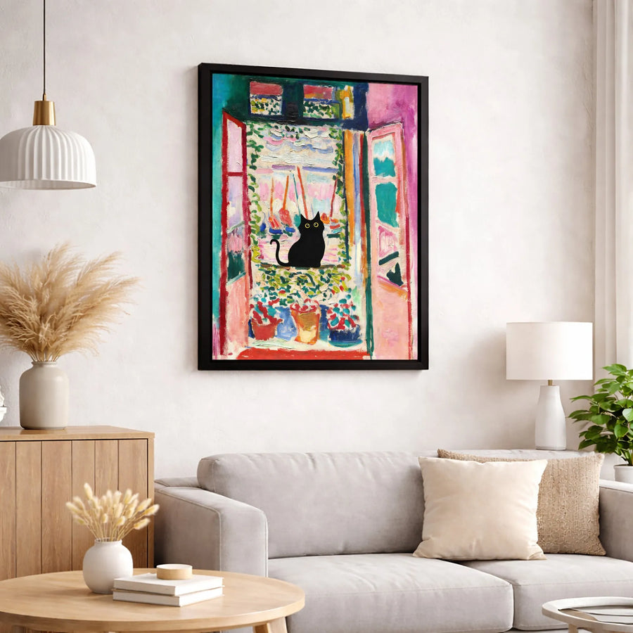Black Cat Matisse Style Wall Art | Impressionist Open Window Print | Premium Gallery Canvas | Unique Home Decor Gift