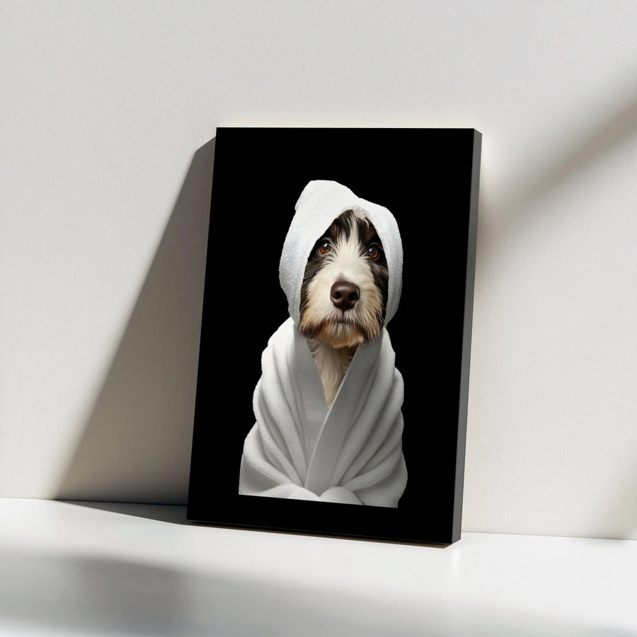 Bearded Collie Dog Canvas Art | Funny Bathrobe Portrait | Premium Gallery Wrap | Bathroom Wall Decor Gift for Dog Lovers