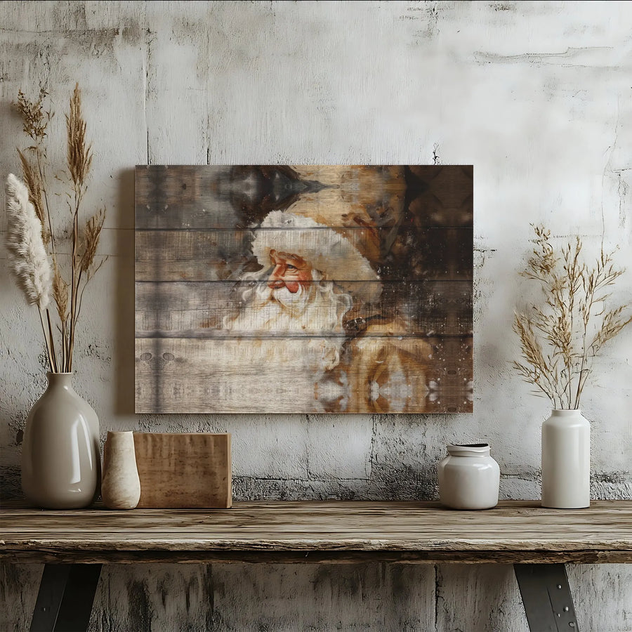 Rustic Santa Claus Canvas Print | Vintage Wood Grain Holiday Art | Premium Gallery Wrap Wall Decor | Christmas Farmhouse Home Interior Gift