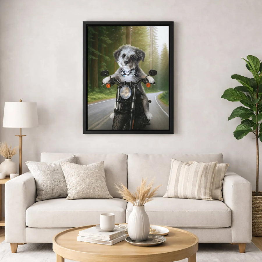 Dog Riding Motorcycle Canvas Wall Art | Funny Biker Puppy Print | Premium Fade-Resistant Gallery Wrap | Unique Gift for Dog Lovers and Riders