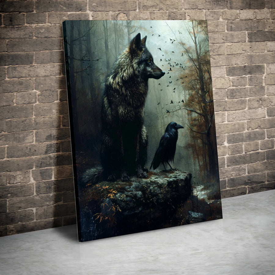 Wolf and Raven Wall Art | Moody Forest Wildlife Canvas Print | Gallery-Wrapped 1.25" Profile | Gothic Nature Home Decor Gift for Animal Lovers