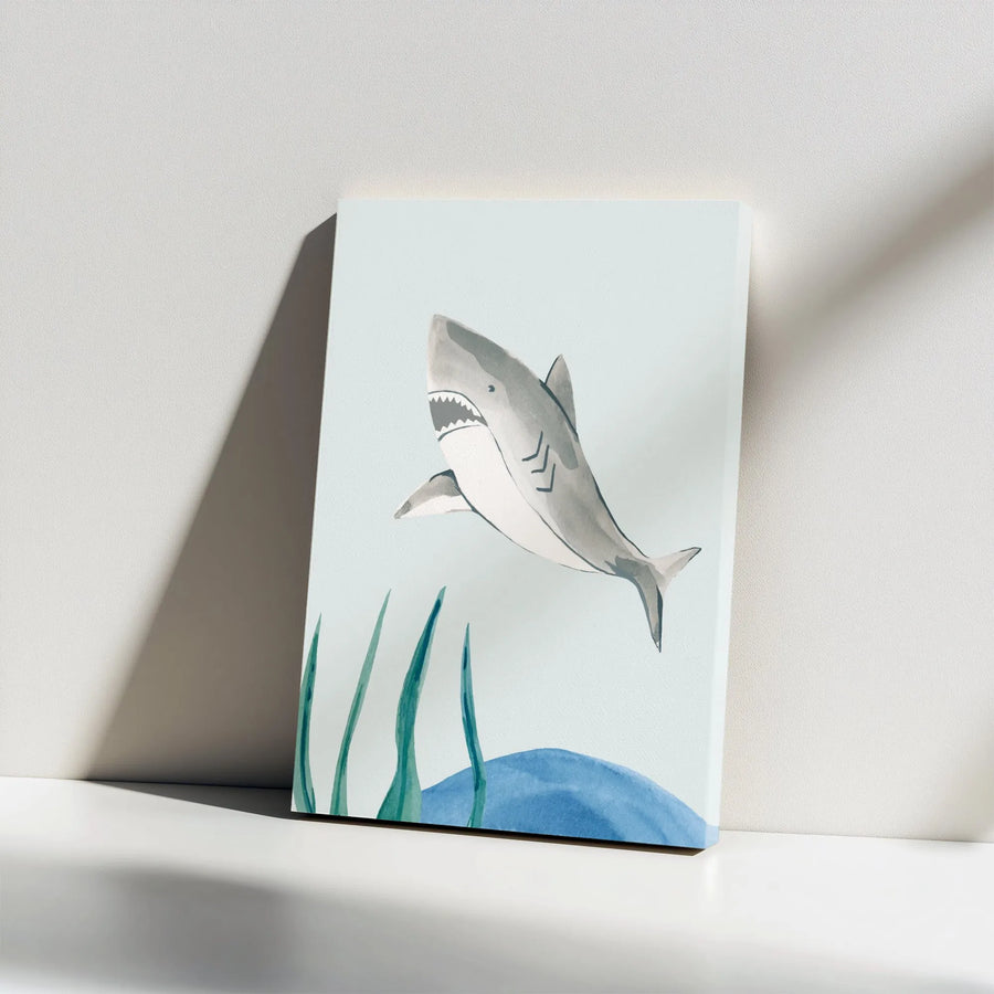 Watercolor Shark Vertical Canvas | Minimalist Ocean Nursery Art | Premium Gallery Wrapped Canvas | Kids Room & Bathroom Decor Gift