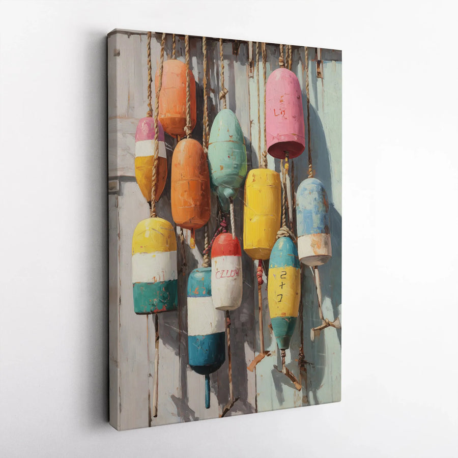 Coastal Buoy Canvas Wall Art | Rustic Nautical Painting Print | Premium Gallery Wrap Canvas | Beach House Decor Gift