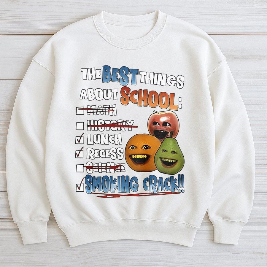 Funny School Humor Sweatshirt | Retro Fruit Character Graphic Print | Premium Cotton Blend | Sarcastic Back to School Gift for Students