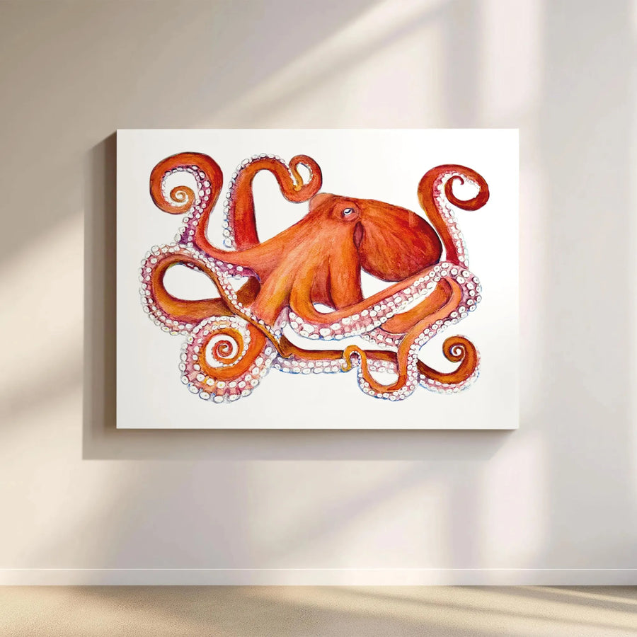 Octopus Watercolor Canvas Wall Art | Nautical Marine Animal Illustration | Premium Gallery Wrapped Canvas | Coastal Home & Bathroom Decor Gift