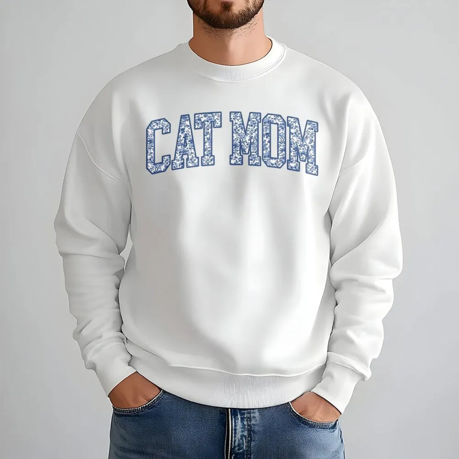 Cat Mom Sweatshirt | Blue Floral Aesthetic Lettering | Soft Cotton Blend Crewneck | Cute Gift for Cat Lovers & Pet Owners