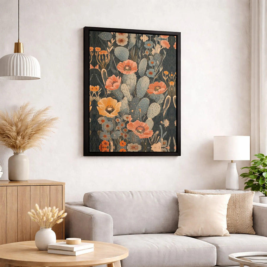 Desert Floral Canvas Print | Vintage Prickly Pear And Poppy Botanical Wall Art | Premium 1.25 Inch Gallery Wrap | Southwestern Home Decor Gift