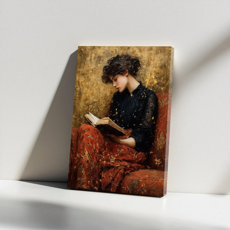 Vintage Woman Reading Canvas Wall Art | Dark Academia Oil Painting Style | Premium Gallery Wrapped Canvas | Gift for Book Lovers & Readers