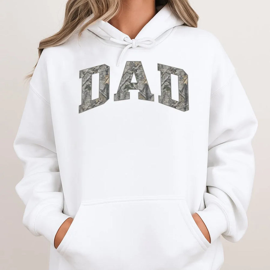 Camo Dad Hoodie | Woodland Camo Block Letter Print | Soft Cotton Tee | Father's Day Gift for New Dad, Matching Parent Shirts