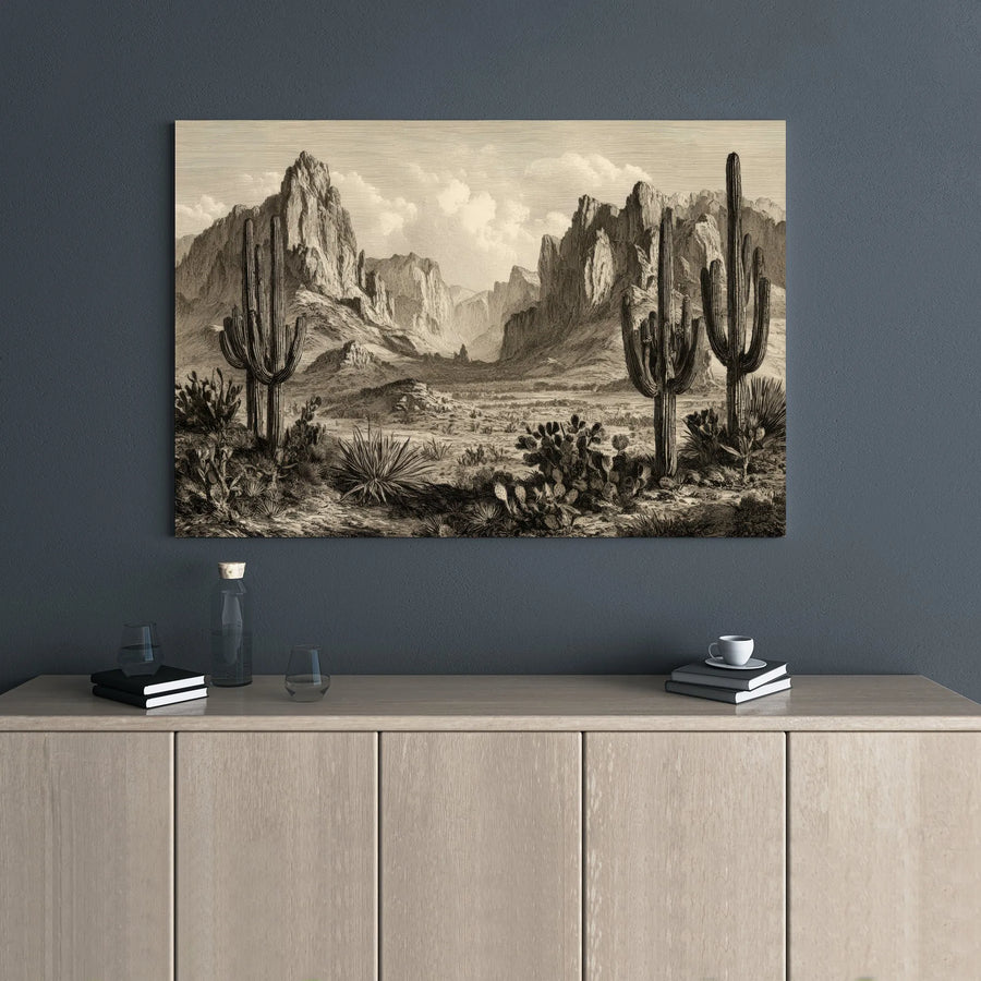 Vintage Arizona Desert Landscape Canvas | Saguaro Cactus Etching Art | Premium 1.25-Inch Gallery Wrap | Southwestern Home Decor Gift