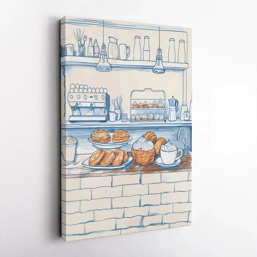 Coffee Shop Bakery Canvas Wall Art | Cozy Cafe Counter Sketch Print | Premium Gallery-Wrapped 1.25" Profile | Kitchen And Coffee Bar Decor