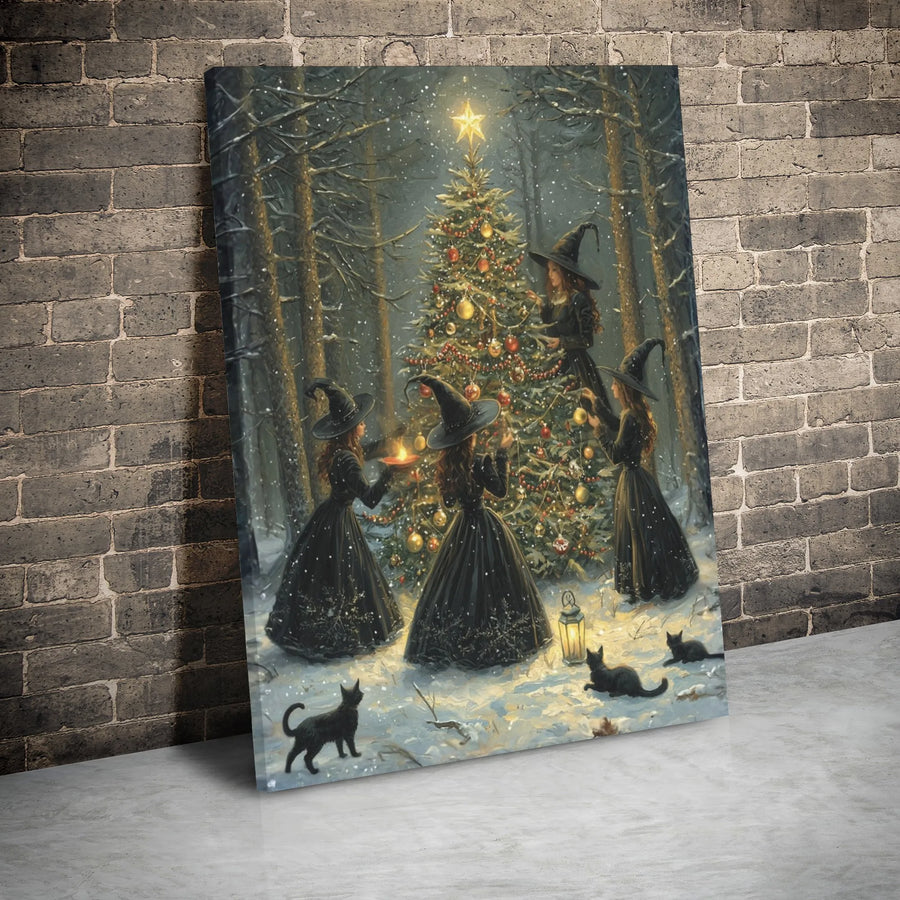 Witch Christmas Tree Canvas Wall Art | Snowy Forest Fantasy Decor | Premium Gallery Wrap Print | Magical Holiday Home Gift for Witchy Aesthetic Lovers
