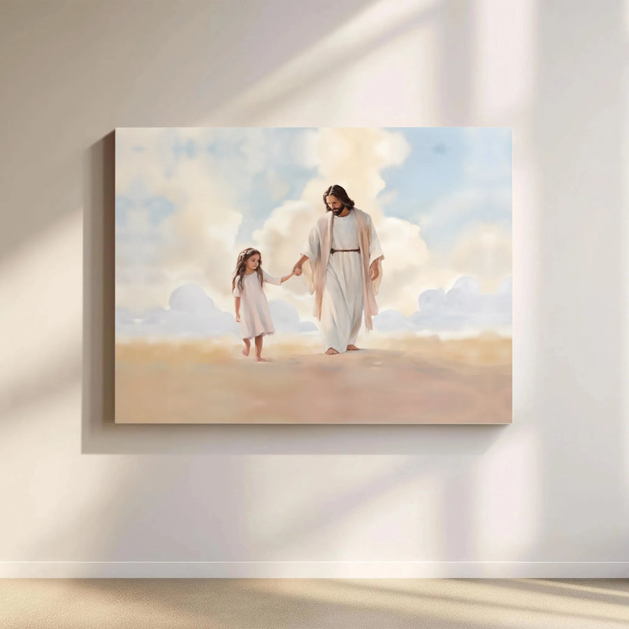 Jesus Walking With Little Girl Canvas Art | Religious Christian Wall Decor | Premium Fade-Resistant Print | Spiritual Gift for Nursery or Home
