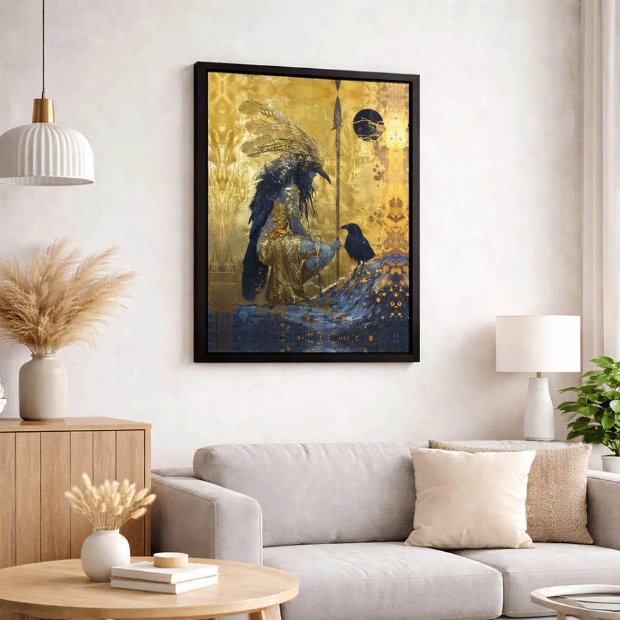 Golden Raven Goddess Canvas Wall Art | Mythological Warrior Queen Print | 1.25-Inch Gallery Wrap | Fantasy Decor for Living Room or Office