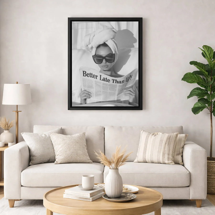 Better Late Than Ugly Wall Art | Funny Newspaper Quote Canvas Print | Premium Gallery Wrapped Decor | Chic Bathroom Wall Decor for Women