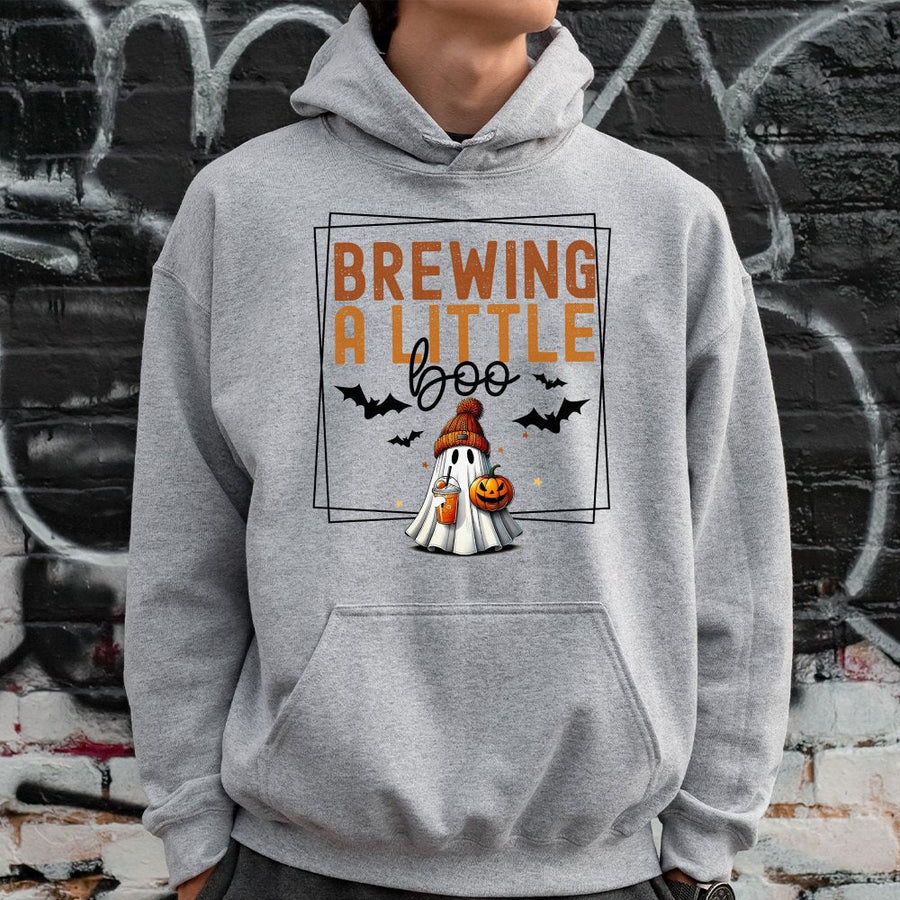 Brewing A Little Boo Hoodie | Cute Ghost Pumpkin Coffee Design | Premium Cotton-Poly Blend | Cozy Halloween Sweatshirt Gift For Women