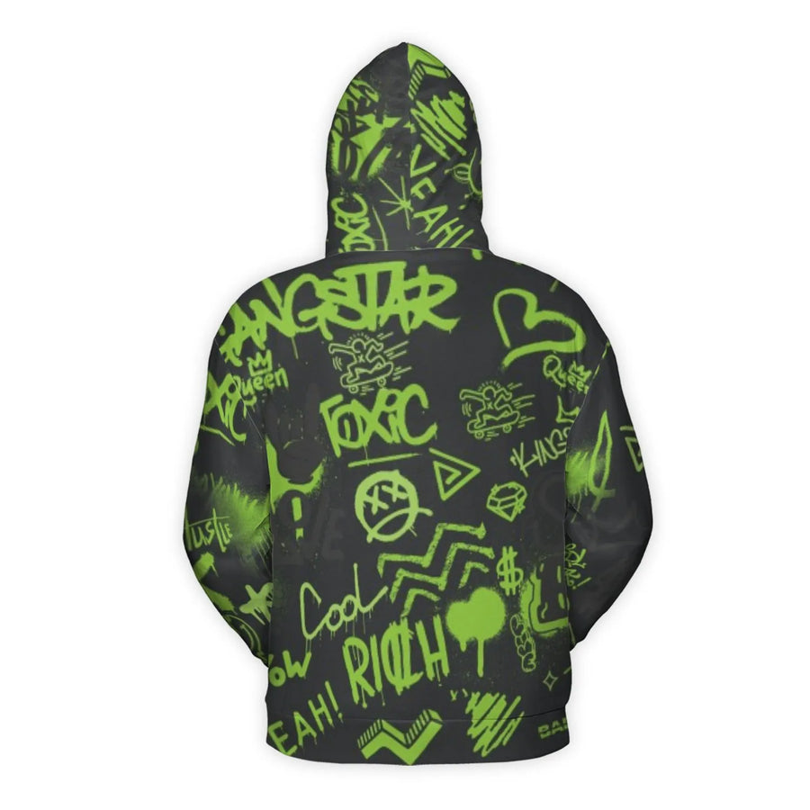 Neon Green Graffiti Hoodie | Urban Streetwear All-Over Print | Premium Polyester Fleece | Unisex Graphic Pullover for Men and Women