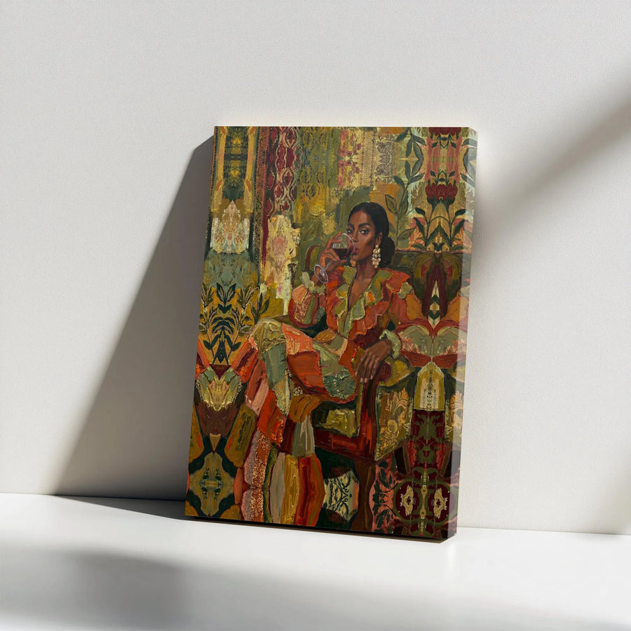 Black Woman Art Canvas Print | Elegant Woman with Wine Portrait | Thick Gallery Wrapped Canvas | Modern Afrocentric Home Decor Gift